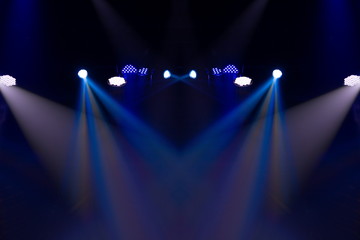 scene, stage light with colored spotlights and smoke
