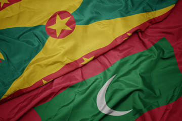 waving colorful flag of maldives and national flag of grenada.