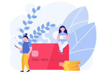 Modern people save money in mobile banking concept and vector illustration on white background. Wallet and accumulation of money. Female and male characters with gold coins. Flat style.