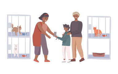 Woman give to child and mother a cat concept and vector illustration on white background. Male and female characters. Animal nursery, help for abandoned pets, cages with cats. Flat style.