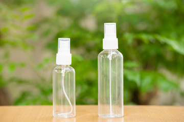 Plastic blank bottle on wooden table.