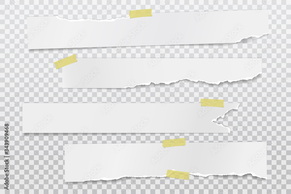 Poster pieces of white torn, ripped note, notebook paper pieces with soft shadow are on squared background 