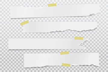 Pieces of white torn, ripped note, notebook paper pieces with soft shadow are on squared background for text. Vector illustration