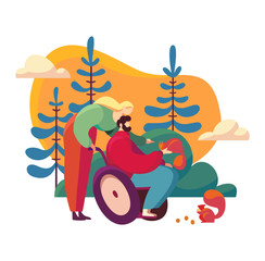 Wife walk the park with disabled husband, man on wheelchair concept and vector illustration on white background. Assistance in rehabilitation of disabled person. Lovely couple. Flat style.