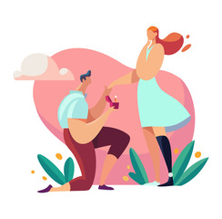 Disabled man proposes woman hand and heart, daily life person, concept and cartoon vector illustration on white background. Romantic meeting, design assistance in rehabilitation of disabled person.