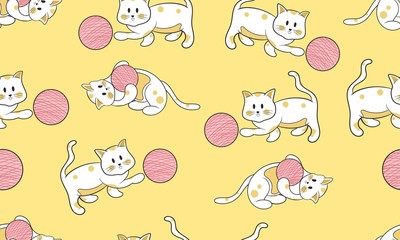 background seamless pattern with funny cats playing ball cartoon style drawing, suitable for fabric,wall, background