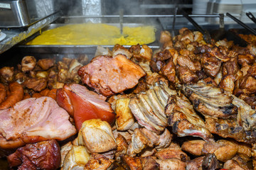 Unhealthy, greasy, oily, mix of meat slices, oktoberfest