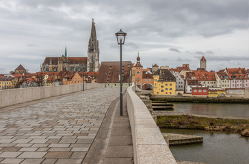 Regensburg, Germany,  as seen from the old stone bridge, a world heritage town.