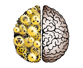 Vector Mechanical Human Brain On White Background. Cerebral Hemispheres, Convolutions Of The Mind Brain. Cog Wheel And Gears, Hard Process Of Thinking And Finding Ideas. Creativity, Brainstorm Concept