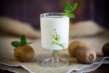 Homemade sweet yogurt with slices of ripe green kiwi in a glass