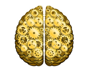 Vector Mechanical Human Brain. Cerebral Hemispheres, Convolutions Of The Mind Brain. Gold Metal Cog Wheels And Gears, Process Of Thinking And Finding Ideas. Creativity, Brainstorm Concept.