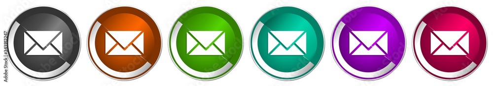 Poster Email icon set, envelope silver metallic chrome border vector web buttons in 6 colors options for webdesign