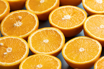 Pattern of oranges on a blue background.
