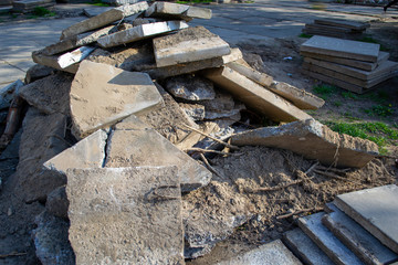 Construction garbage. A pile of concrete slabs
