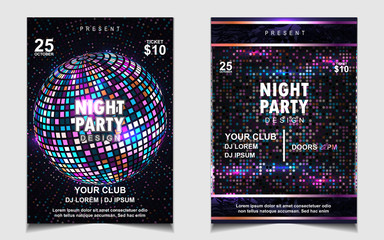 Night dance party music layout cover design template background with colorfu dark blue glitters style. Light electro vector for music event concert disco, club invitation, festival poster, flyer