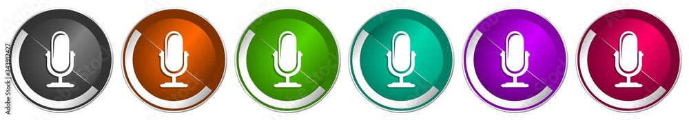 Aufkleber microphone icon set, silver metallic chrome border vector web buttons in 6 colors options for webdes