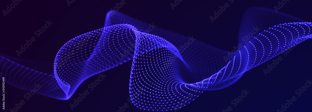 Poster Futuristic wave on dark background. Colored pattern of connection dots and lines. Technology Banner. 3D Widescreen