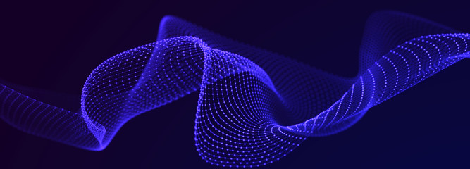 Futuristic wave on dark background. Colored pattern of connection dots and lines. Technology Banner. 3D Widescreen