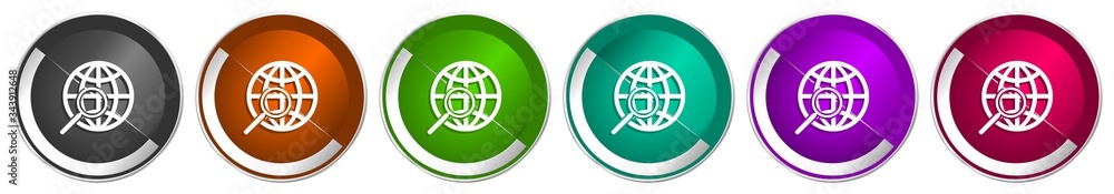 Fototapete search icon set, silver metallic chrome border vector web buttons in 6 colors options for webdesign.
