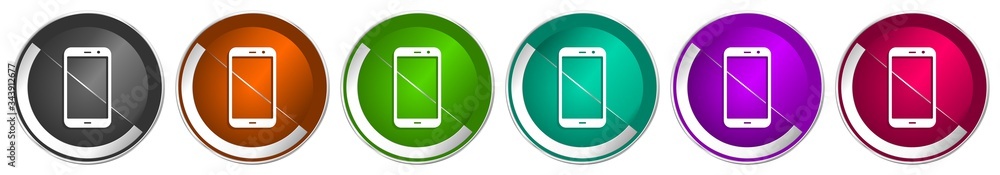 Poster Smartphone icon set, silver metallic chrome border vector web buttons in 6 colors options for webdesign
