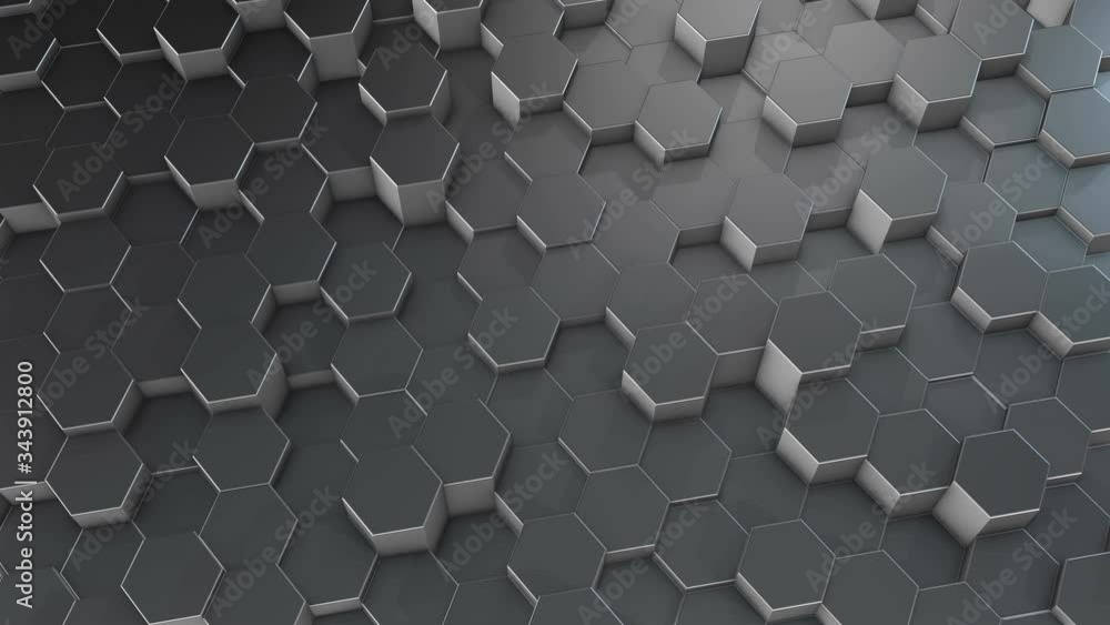 Poster an abstract hexagonal geometric aluminum surface cyclically moves in virtual space. chaotic vibratio