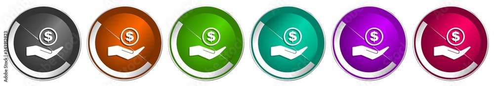 Aufkleber money, cash icon set, silver metallic chrome border vector web buttons in 6 colors options for webde