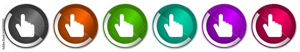 Poster cursor hand icon set, silver metallic chrome border vector web buttons in 6 colors options for webde