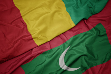 waving colorful flag of maldives and national flag of guinea.