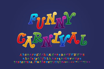 Colorful funny alphabet cartoon curly font. Uppercase and lowercase letters, numbers, punctuation marks. Vector illustration