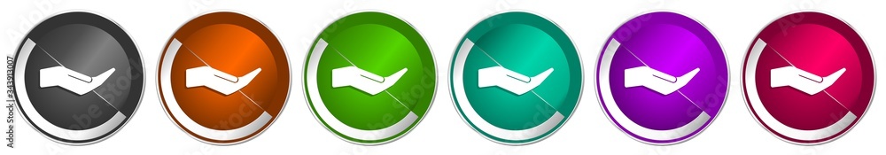 Aufkleber Human care hand icon set, silver metallic chrome border vector web buttons in 6 colors options for webdesign