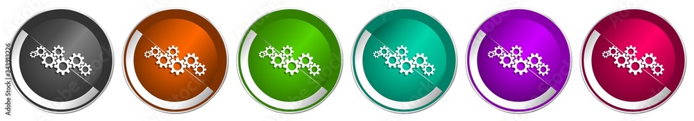 Poster Cogwheel engineering icon set, silver metallic chrome border vector web buttons in 6 colors options for webdesign