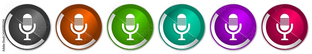 Poster microphone, audio, record, radio icon set, silver metallic chrome border vector web buttons in 6 col