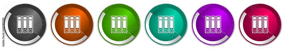 Poster Binder icon set, folder, document, file silver metallic chrome border vector web buttons in 6 colors options for webdesign