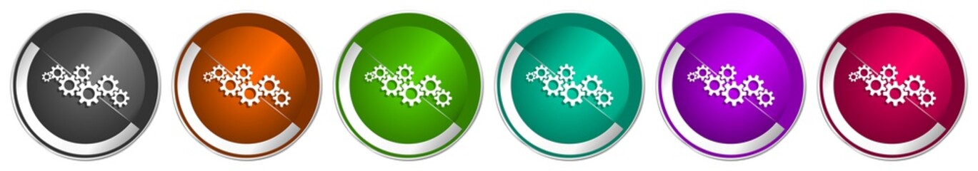 Cogwheel engineering icon set, silver metallic chrome border vector web buttons in 6 colors options for webdesign