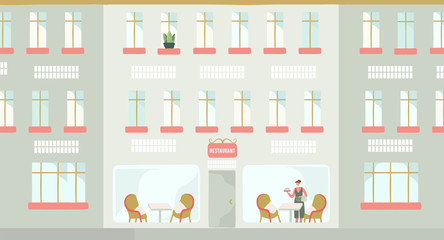 Cartoon restaurant building facade, vector illustration. Architecture of house on urban street. City design of exterior windows and showcase. Lunch, breakfast or supper in modern place