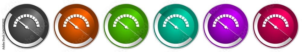 Poster Speed meter icon set, fast indicator silver metallic chrome border vector web buttons in 6 colors options for webdesign