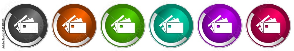 Poster Credit card icon set, bank, finance silver metallic chrome border vector web buttons in 6 colors options for webdesign