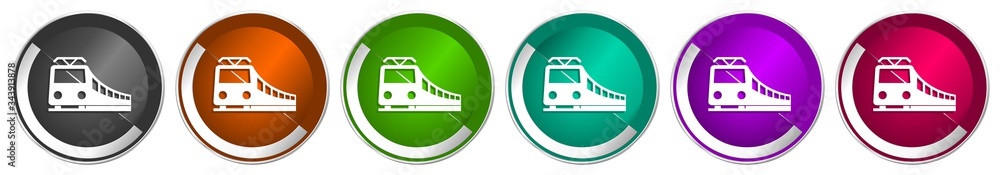 Aufkleber Train icon set, railway, transportation silver metallic chrome border vector web buttons in 6 colors options for webdesign