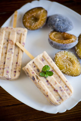 plum sweet homemade ice cream on a stick with slices of plum inside, in a plate