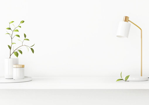 Interior Wall Mockup With Green Tree Branch In Vase, Ceramic Decore And  Desk Lamp Standing On The Shelf On Empty White Background With Free Space On Center. 3D Rendering, Illustration.