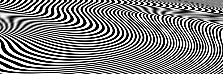 Abstract Black and White Geometric Pattern with Waves. Striped Optical Psychedelic Texture. Raster. 3D Illustration