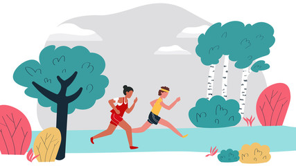 Cartoon young man and woman marathon running sport race sprint in city part, or forest outdoor, flat isometric vector illustration. Sports competition, outdside workout, athletics. Healthy lifestyle