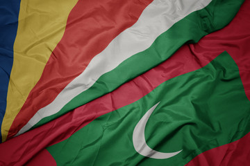 waving colorful flag of maldives and national flag of seychelles.