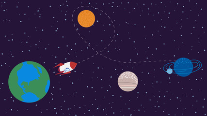 Fototapeta premium Rocket in space as new start up project, vector illustration of flight spaceship between planets as symbol of a future technologies. Creative concept of innovations in sky science