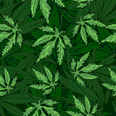 Cannabis leafs seamless vector pattern dark green