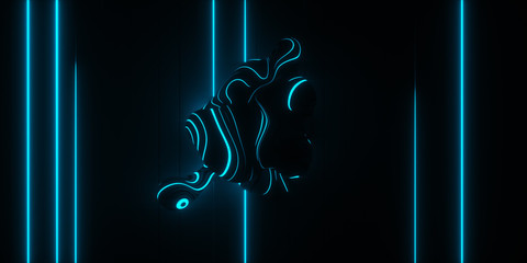 Abstract 3d render dark Background minimal, striped liquid mesh with glowing neon lines on black