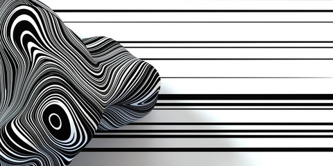 Abstract 3d render Background minimal, striped liquid mesh with horizontal black lines on white