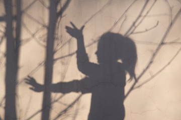Shadow of a dancing girl on a white putty wall