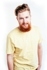Obraz premium portrait of young bearded hipster guy smiling on white background closeup isolated, lifestyle people concept