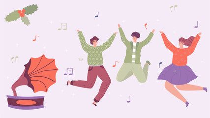 Fototapeta premium People dancing to retro music, happy man and woman jumping, cartoon characters and gramophone, vector illustration. Cheerful people celebrating together, retro style party, vintage gramophone music